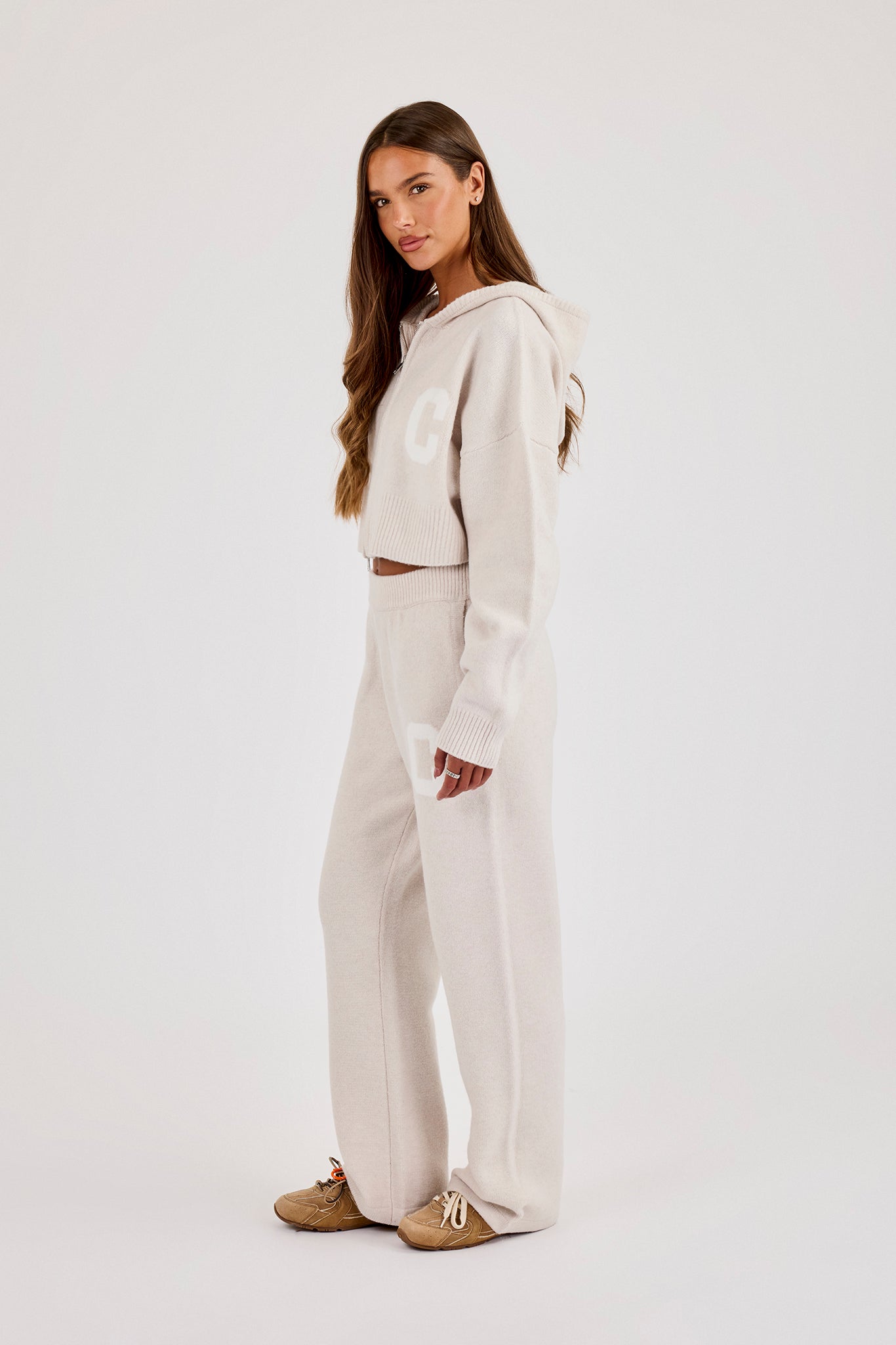 C Intarsia Cropped Zip Through Hoodie & Wide Leg Jogger - Oatmeal